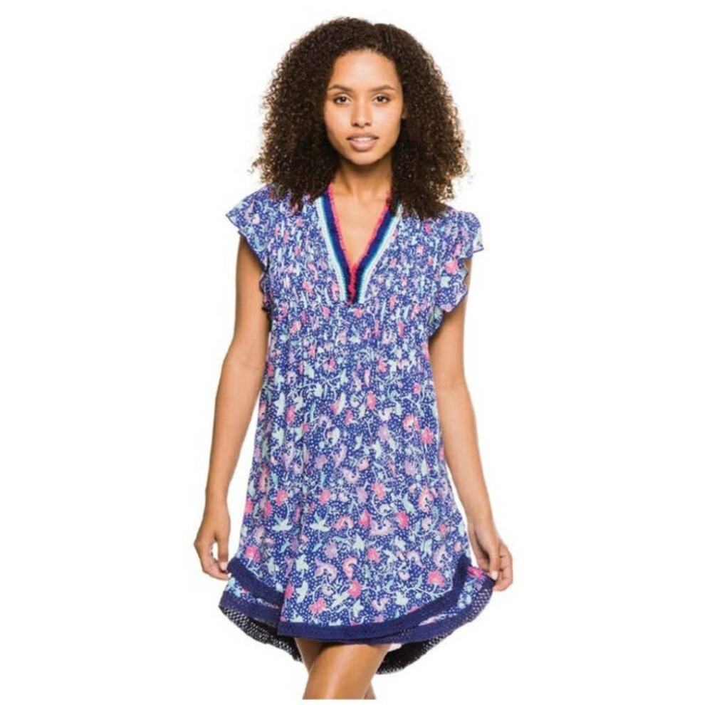 POUPETTE ST BARTH Sasha Floral Mini Dress Cover-Up Lace Fringe Blue XS